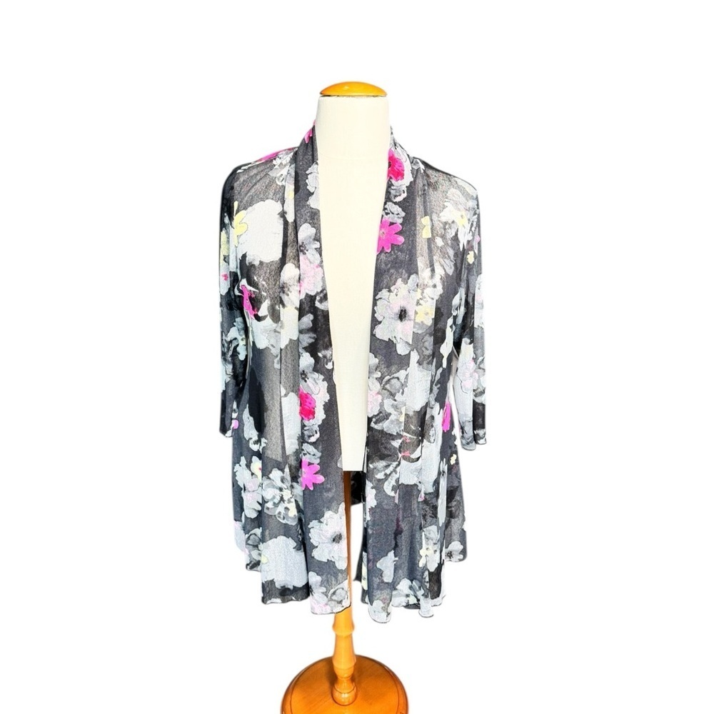 Ali Miles Floral Mesh Open Front Cardigan XL Sheer Stretch Duster Artsy AA3
